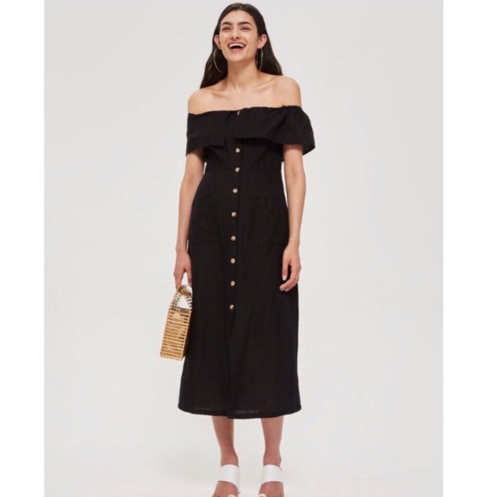 Topshop Black Off-Shoulder Button-Front Midi Dress